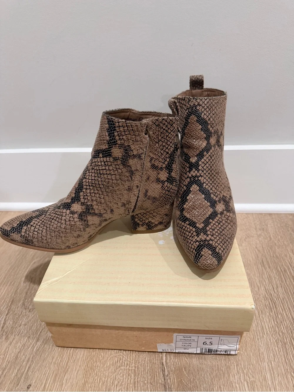 Very G Tan and Black Snake-Print Ankle Booties
